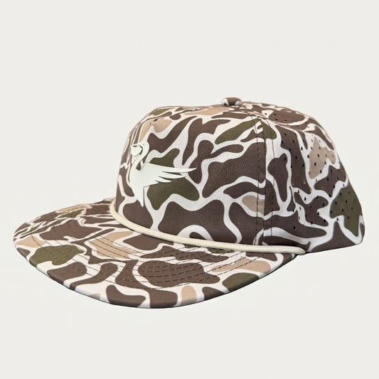 Salt SQD Coastal Reserve cap in Marsh Camo with a visible silicone logo, flat brim, and structured crown.