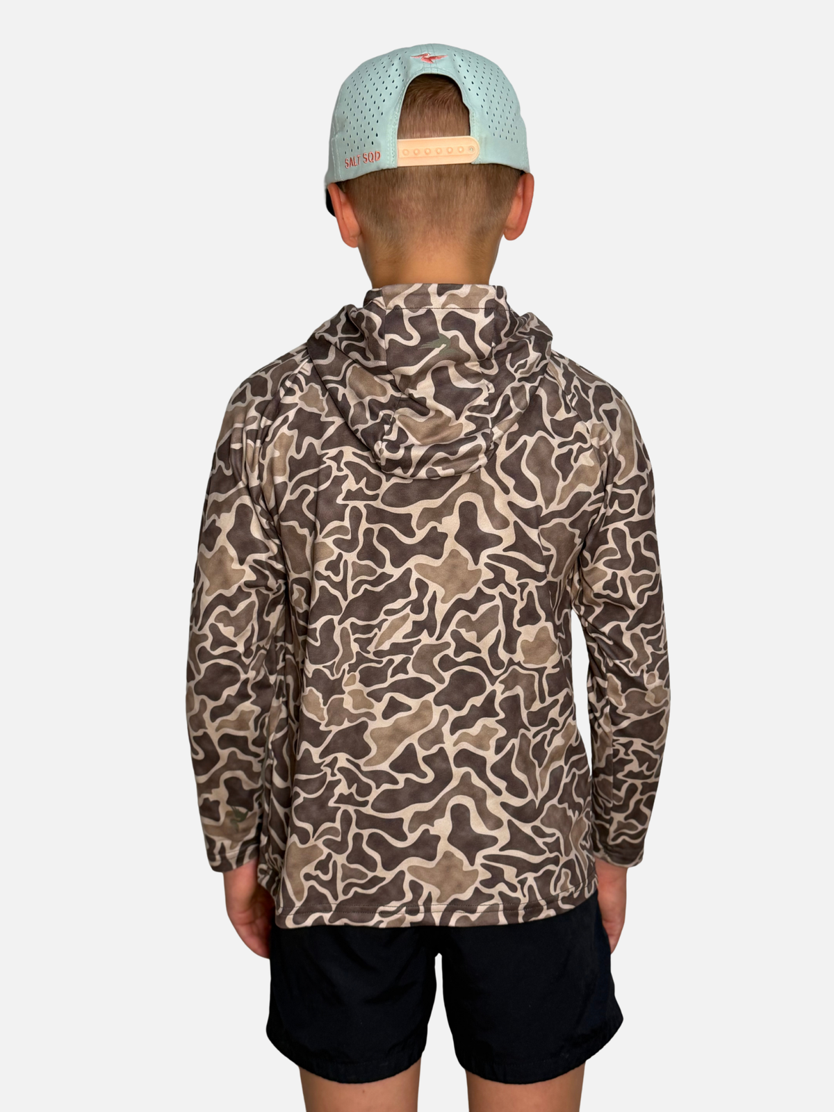 Youth SqdDrift fishing hoodie by Salt SQD in Flounder Camo with four-way stretch fabric for beach wear.
