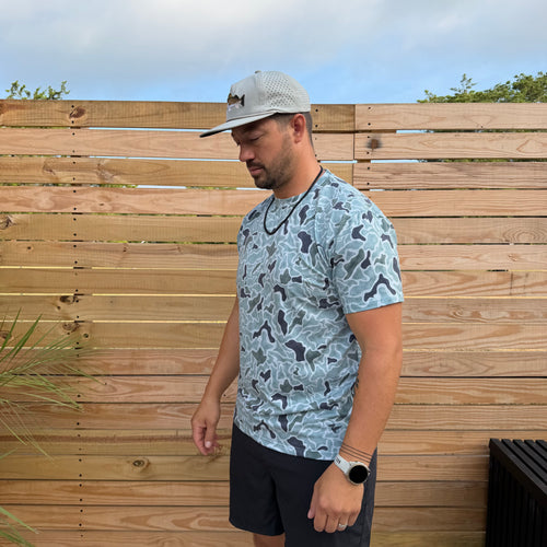Salt SQD SaltWorn tee in Speckled Trout Camo with lightweight stretch fabric for boating and outdoor gatherings.