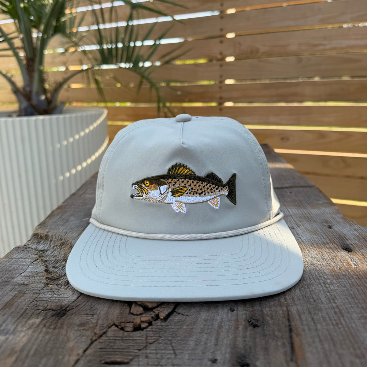 Salt SQD Coastal Icons Cap in Speckled Trout, front view showing speckled trout logo and rope brim