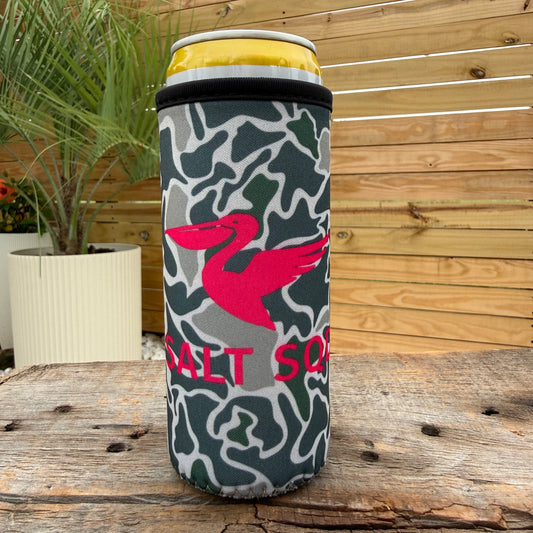 Salt SQD slim coozie in Marsh Camo with an insulated drink can sleeve for standard 12 ounce cans and a soft, comfortable
