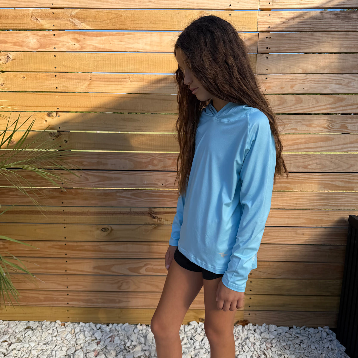 Youth Salt SQD SqdDrift fishing hoodie in Salt Air with four-way stretch fabric for beach outdoor wear.