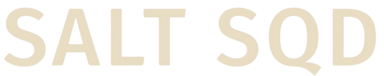 Large cream SALT SQD lettering on a black background, with the Q featuring a small diagonal tail