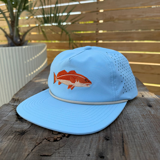 Coastal Icons Salt SQD cap in Redfish with detailed embroidered coastal icons across the front panel.