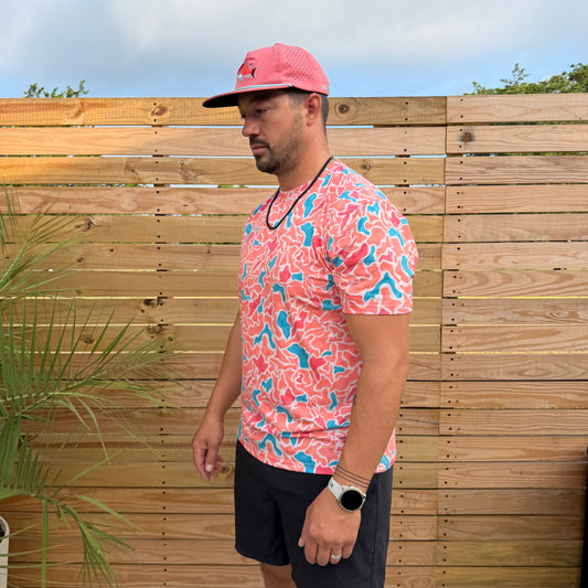 Salt SQD SaltWorn tee in Hogfish Camo with lightweight fabric for everyday wear, photographed outdoors against a wooden