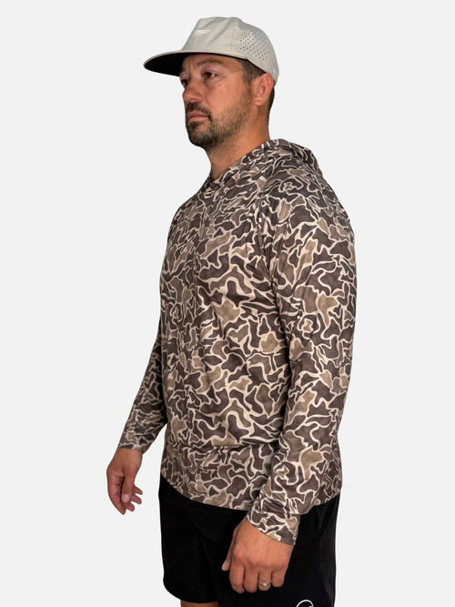 SqdDrift Salt SQD hoodie in Flounder Camo with lightweight, breathable construction and long sleeves.