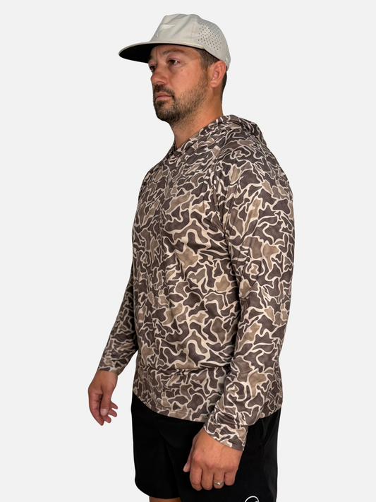 SqdDrift Salt SQD hoodie in Flounder Camo with lightweight, breathable construction and long sleeves.