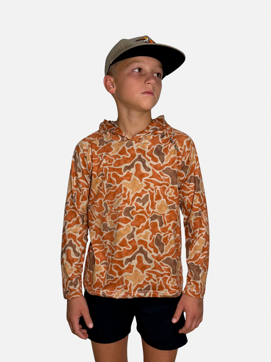 Youth SqdDrift fishing hoodie from Salt SQD in Redfish Camo with four-way stretch fabric and raglan sleeves.