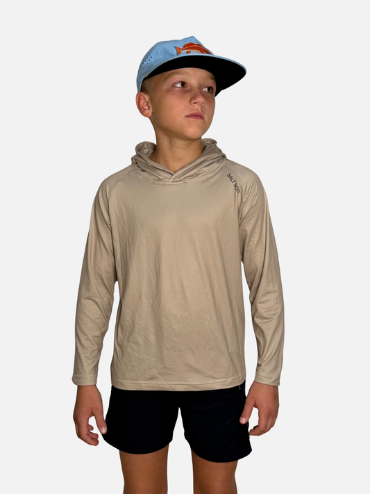 Youth Salt SQD SqdDrift fishing hoodie in Weathered Sand with four-way stretch fabric and UPF 35 sun protection