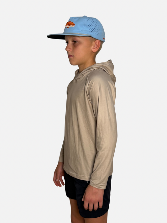 Youth Salt SQD SqdDrift fishing hoodie in Weathered Sand with UPF 35 sun protection for beach running and fishing wear.