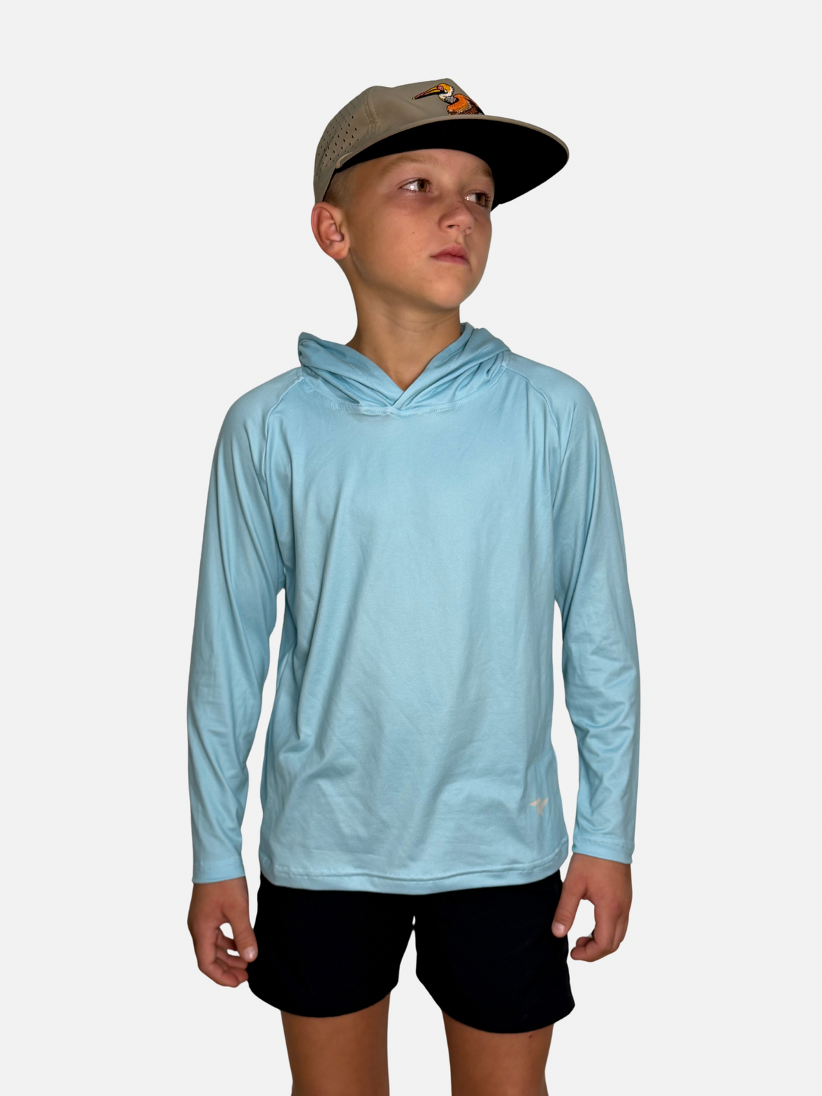 Youth Salt SQD fishing hoodie in Salt Air with four-way stretch fabric for fishing and beach outdoor wear.