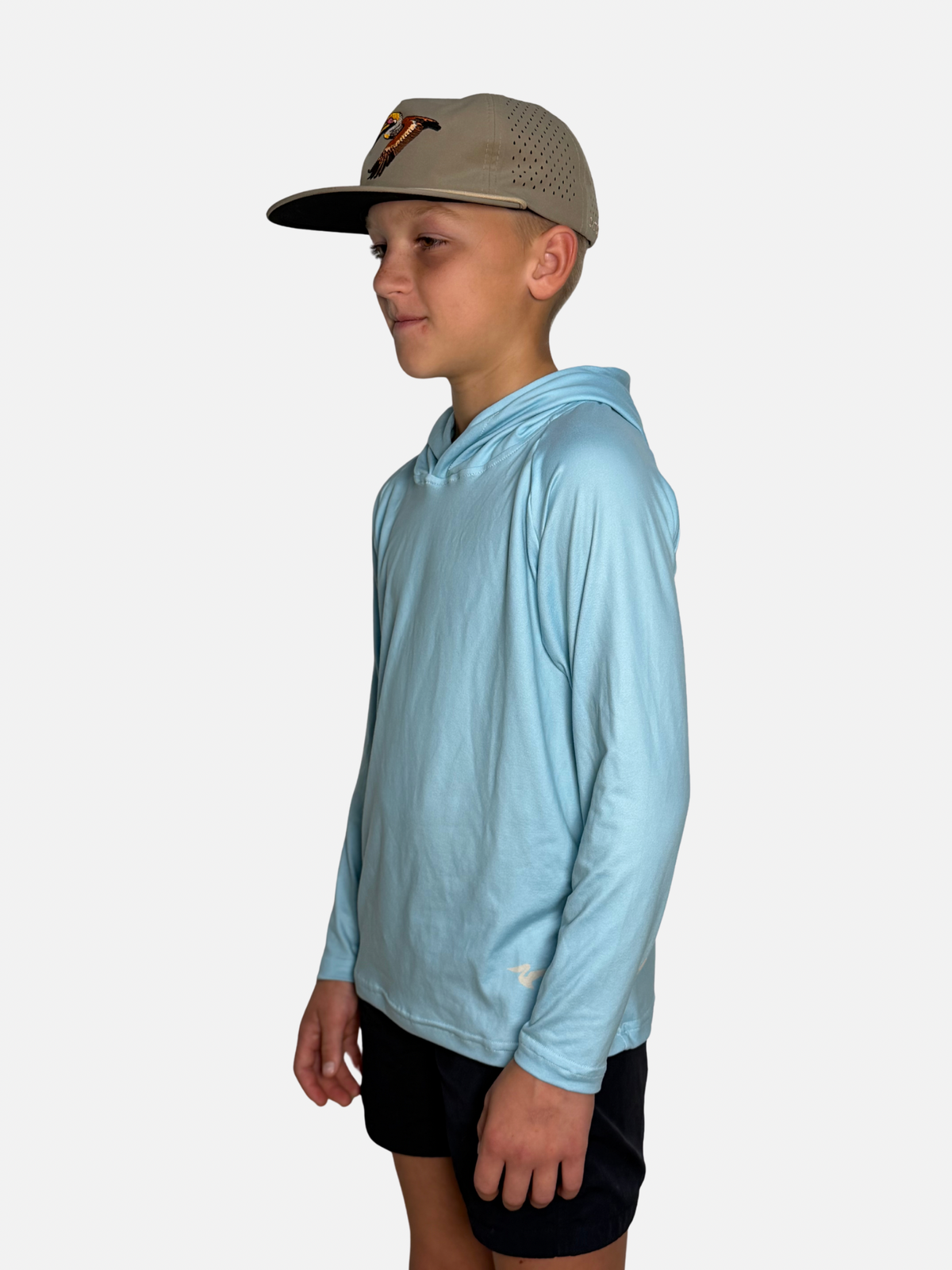 Youth Salt SQD SqdDrift fishing hoodie in Salt Air with four-way stretch fabric and UPF 35 sun protection.