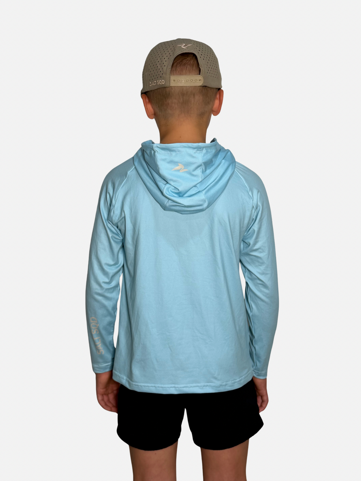 Youth Salt SQD SqdDrift fishing hoodie in Salt Air with four-way stretch fabric and UPF 35 sun protection.