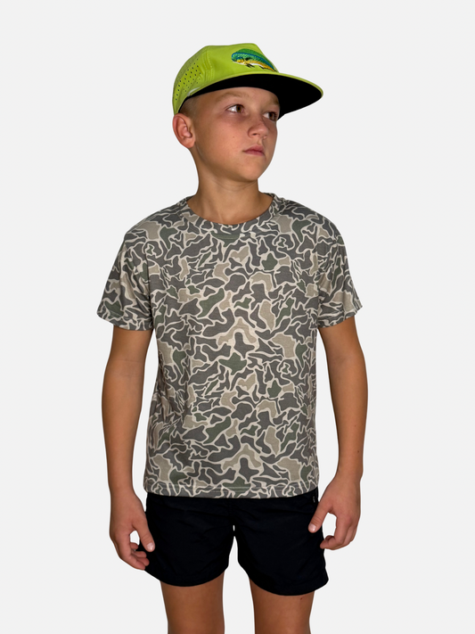 Youth SaltWorn tee by Salt SQD in Marsh Camo has short sleeves and lightweight stretch fabric for casual everyday wear.