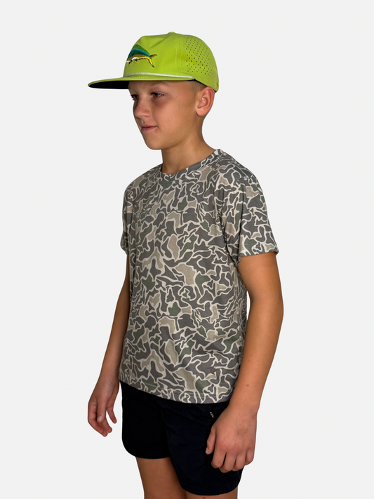 Youth SaltWorn tee by Salt SQD in Marsh Camo with vintage wash texture and short sleeves for casual everyday wear.
