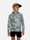 Youth Salt SQD fishing hoodie in Speckled Trout Camo with four-way stretch fabric and UPF 35 sun protection.