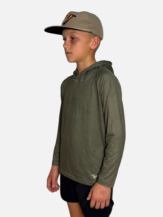 Youth Salt SQD SqdDrift fishing hoodie in Marsh Green with four-way stretch fabric and raglan sleeves.