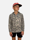 Youth SqdDrift fishing hoodie by Salt SQD in Marsh Camo with four-way stretch fabric and UPF 35 sun protection.