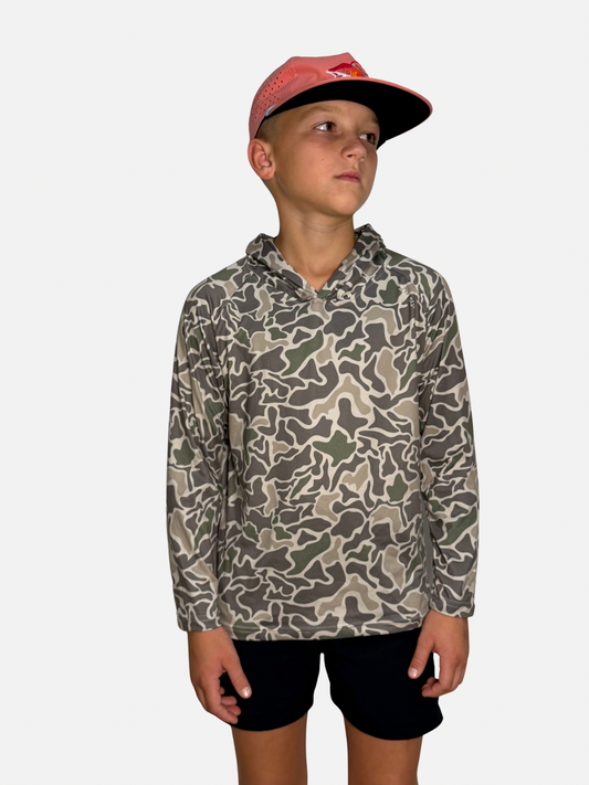 Youth SqdDrift fishing hoodie by Salt SQD in Marsh Camo with four-way stretch fabric and UPF 35 sun protection.