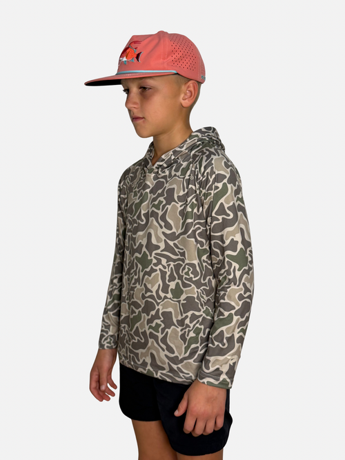 Youth SqdDrift fishing hoodie by Salt SQD in Marsh Camo with four-way stretch fabric for fishing and beach outdoor wear.