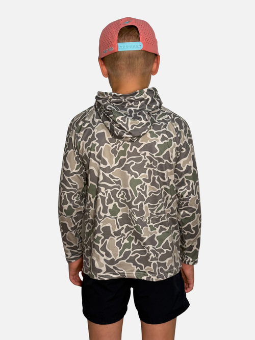 Youth Salt SQD SqdDrift fishing hoodie in Marsh Camo with four-way stretch fabric and UPF 35 sun protection.
