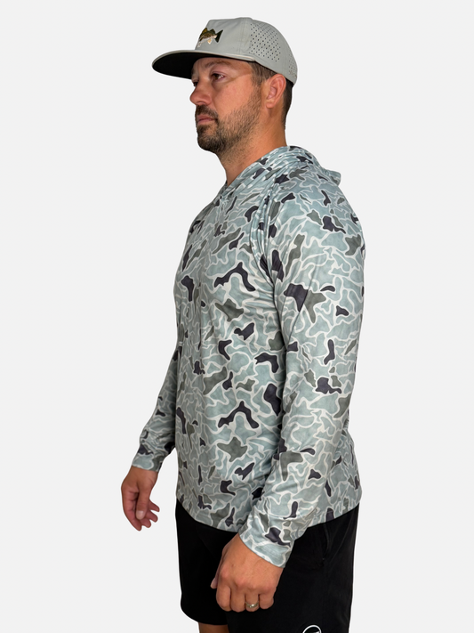 SqdDrift hoodie by Salt SQD in Speckled Trout Camo with lightweight construction and long sleeves.