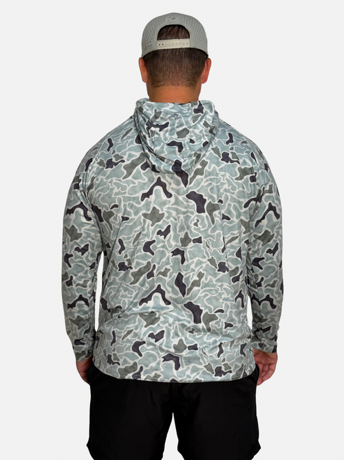 Salt SQD SqdDrift hoodie in Speckled Trout Camo, shown from the back with a lightweight construction.
