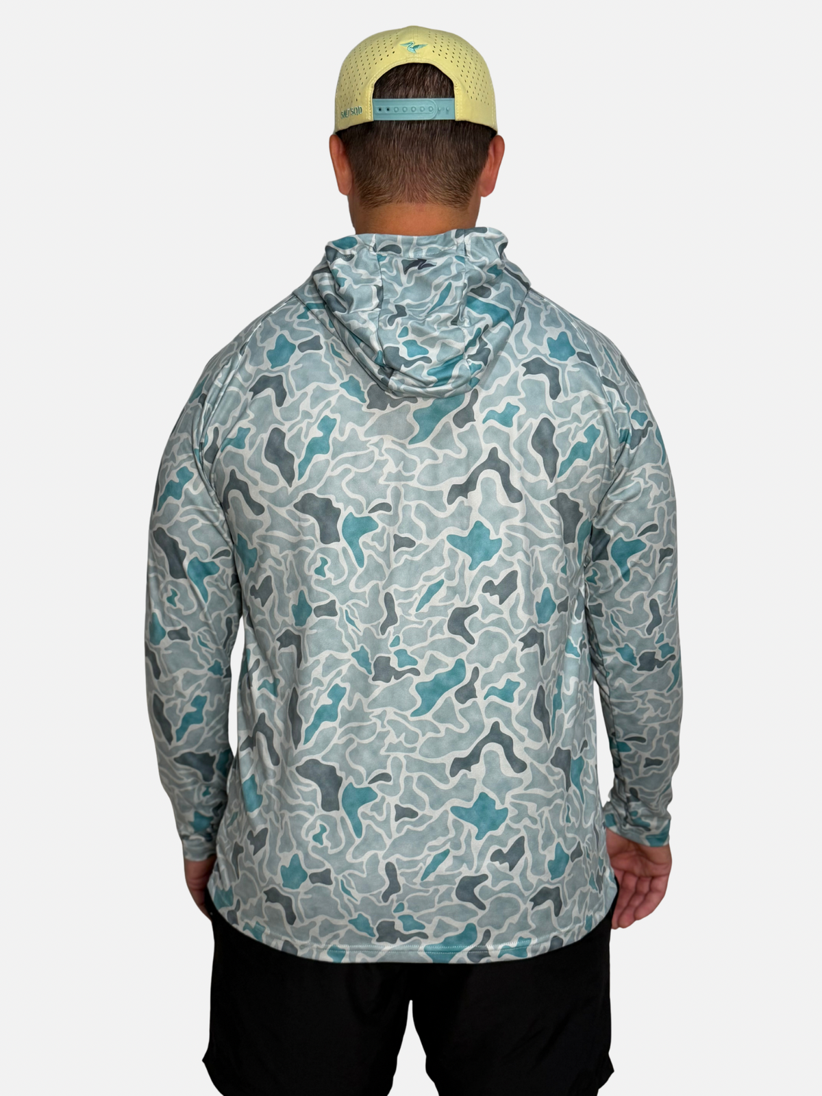 SqdDrift Salt SQD hoodie in Bonefish Camo with lightweight construction and long sleeves, shown from the back.