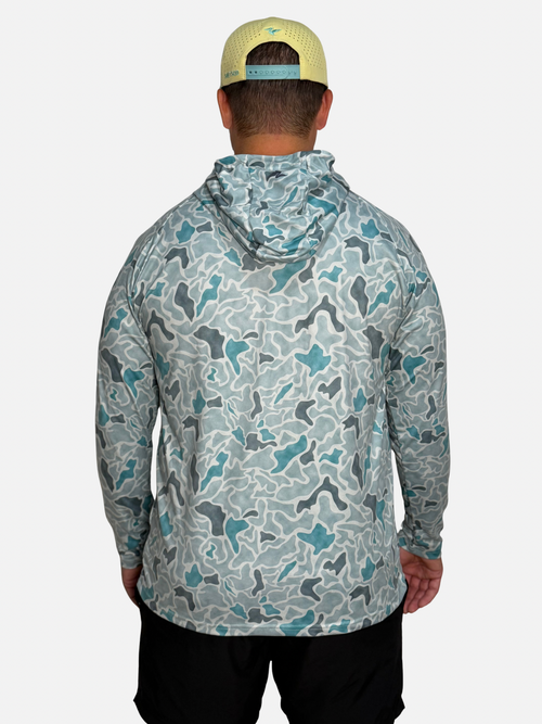 SqdDrift Salt SQD hoodie in Bonefish Camo with lightweight construction and long sleeves, shown from the back.