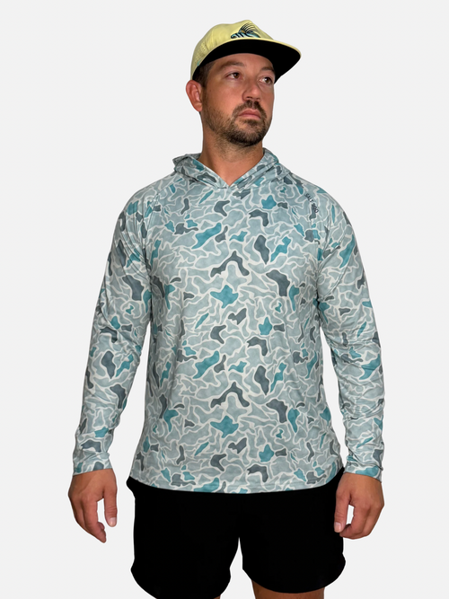 SqdDrift hoodie by Salt SQD in Bonefish Camo with lightweight construction and long sleeves.