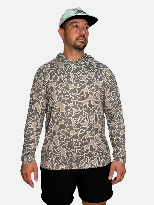 SqdDrift Salt SQD hoodie in Marsh Camo with lightweight construction, long sleeves, and a hooded neckline.
