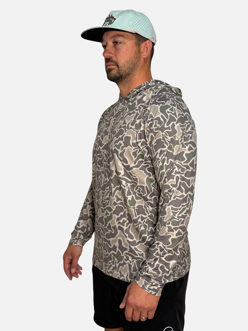 Salt SQD SqdDrift hoodie in Marsh Camo with breathable fabric and a camouflage pattern across the long sleeves