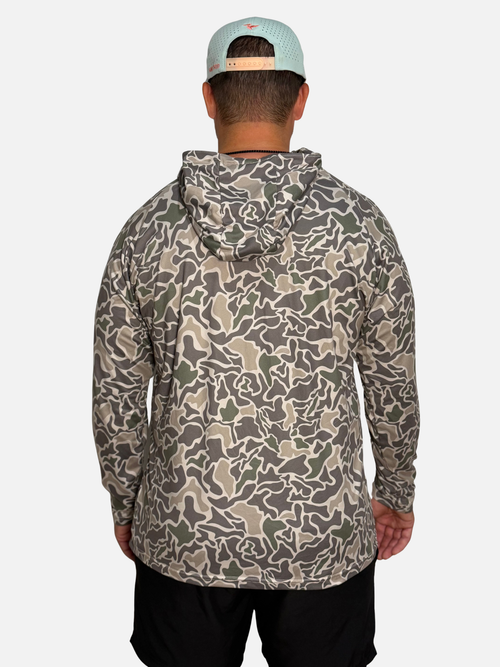 Salt SQD SqdDrift hoodie in Marsh Camo with lightweight construction, a hood, and long sleeves.