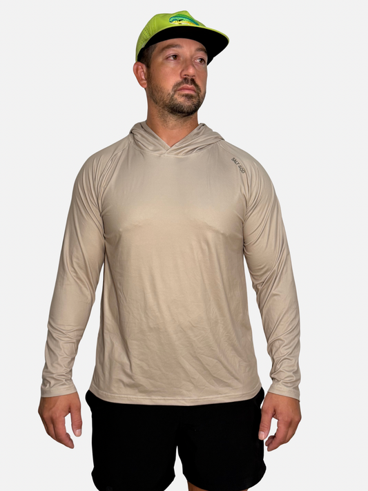 Salt SQD SqdDrift hoodie in Weathered Sand with lightweight construction, a hood, and long sleeves.