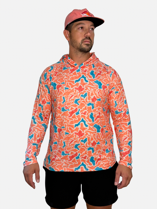 SqdDrift hoodie by Salt SQD in Hogfish Camo features lightweight, breathable construction with a hood and long sleeves.