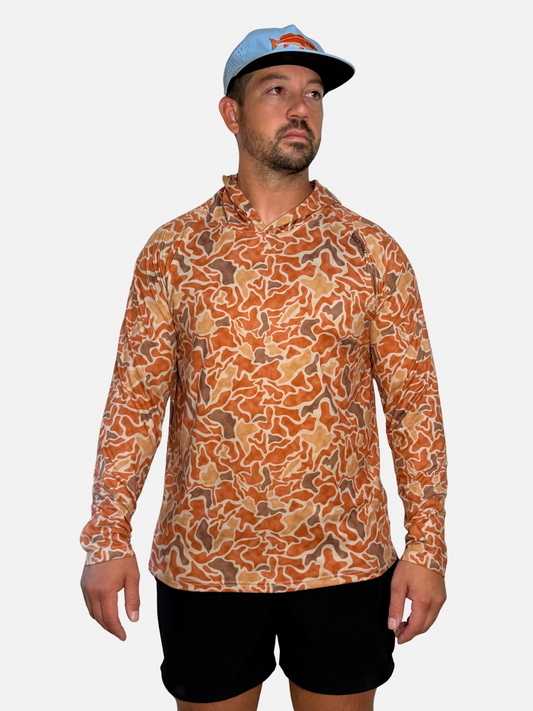SqdDrift hoodie by Salt SQD in Redfish Camo with soft four-way stretch fabric and long sleeves.
