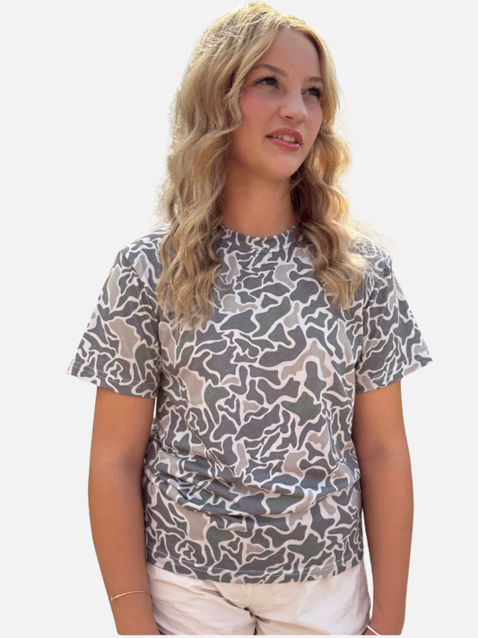 Women's SaltWorn Tee by Salt SQD in Marsh Camo with lightweight stretch fabric and short sleeves.