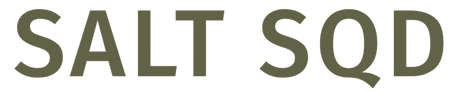Large olive green SALT SQD lettering on a black background